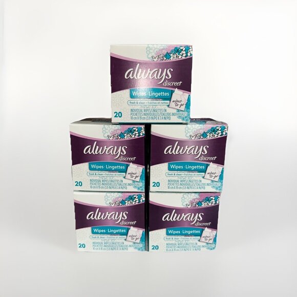 5-Always Discreet Feminine Wipes Fresh and Clean Individual Wipes To Go 20 - Picture 1 of 1